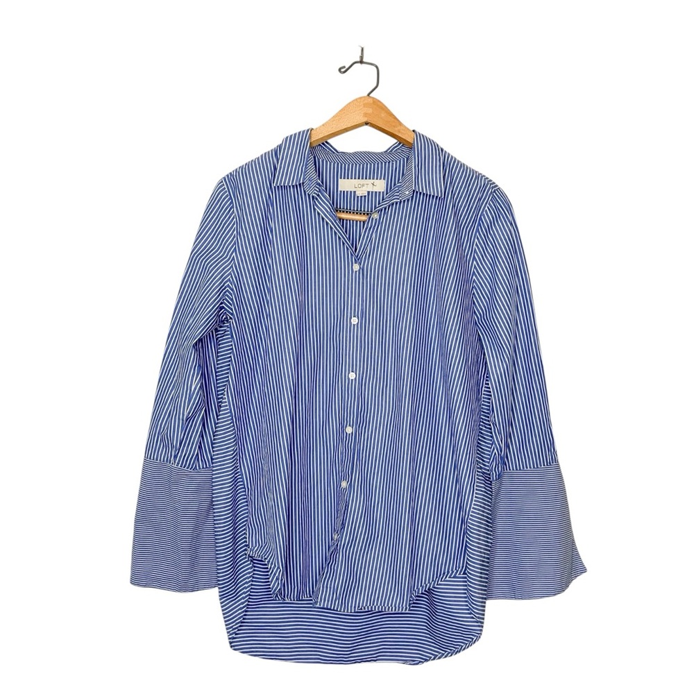 Ann‎ Taylor LOFT Women’s Oversized Stripe Button Front Shirt Long Bell Sleeves M